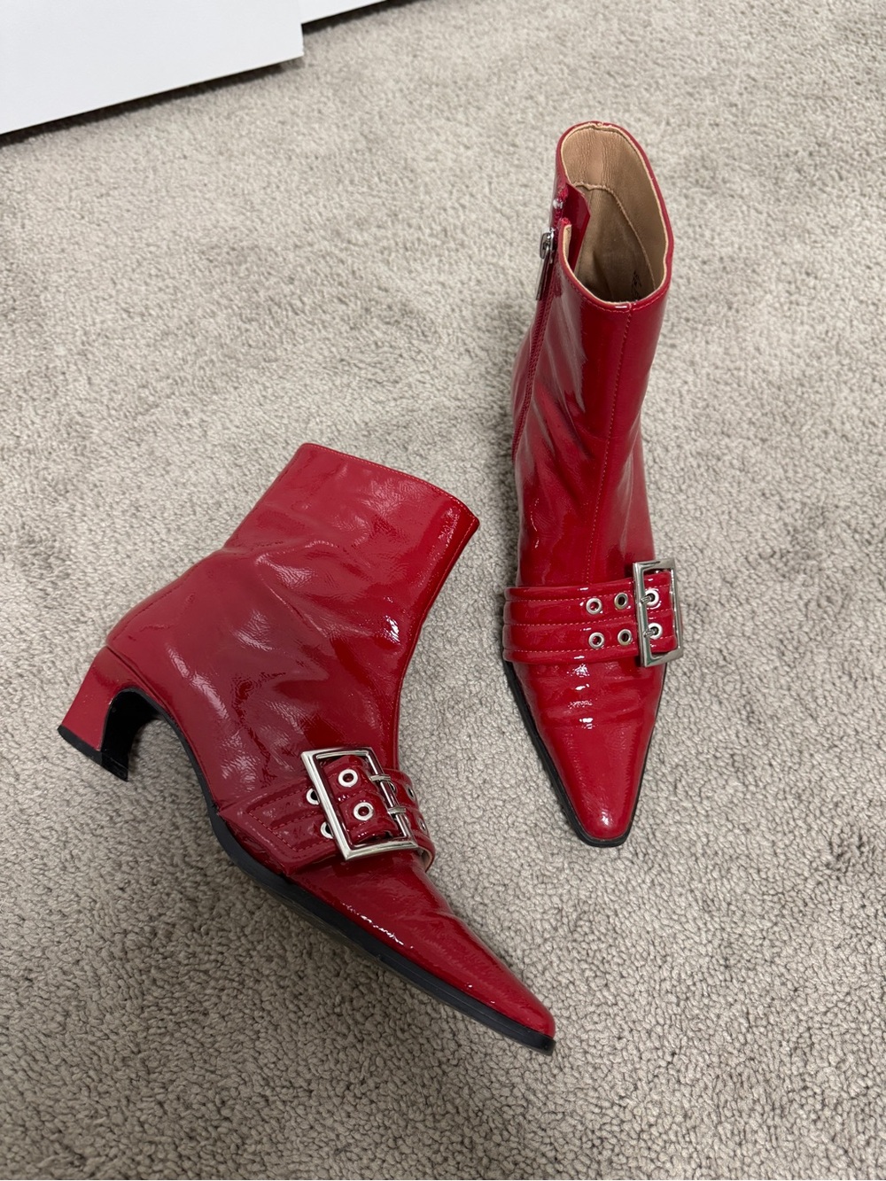 Steve Madden Axon Red Patent Pointed Toe Buckle Ankle Boots - Women's
